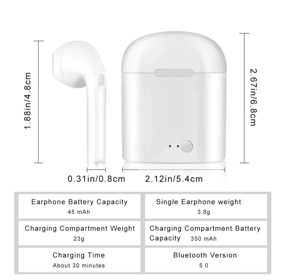 I7TWS Wireless Binaural Bluetooth 5.0 Earphones – Stereo Sound, Scrub In-Ear Design, Portable Sports Earplugs